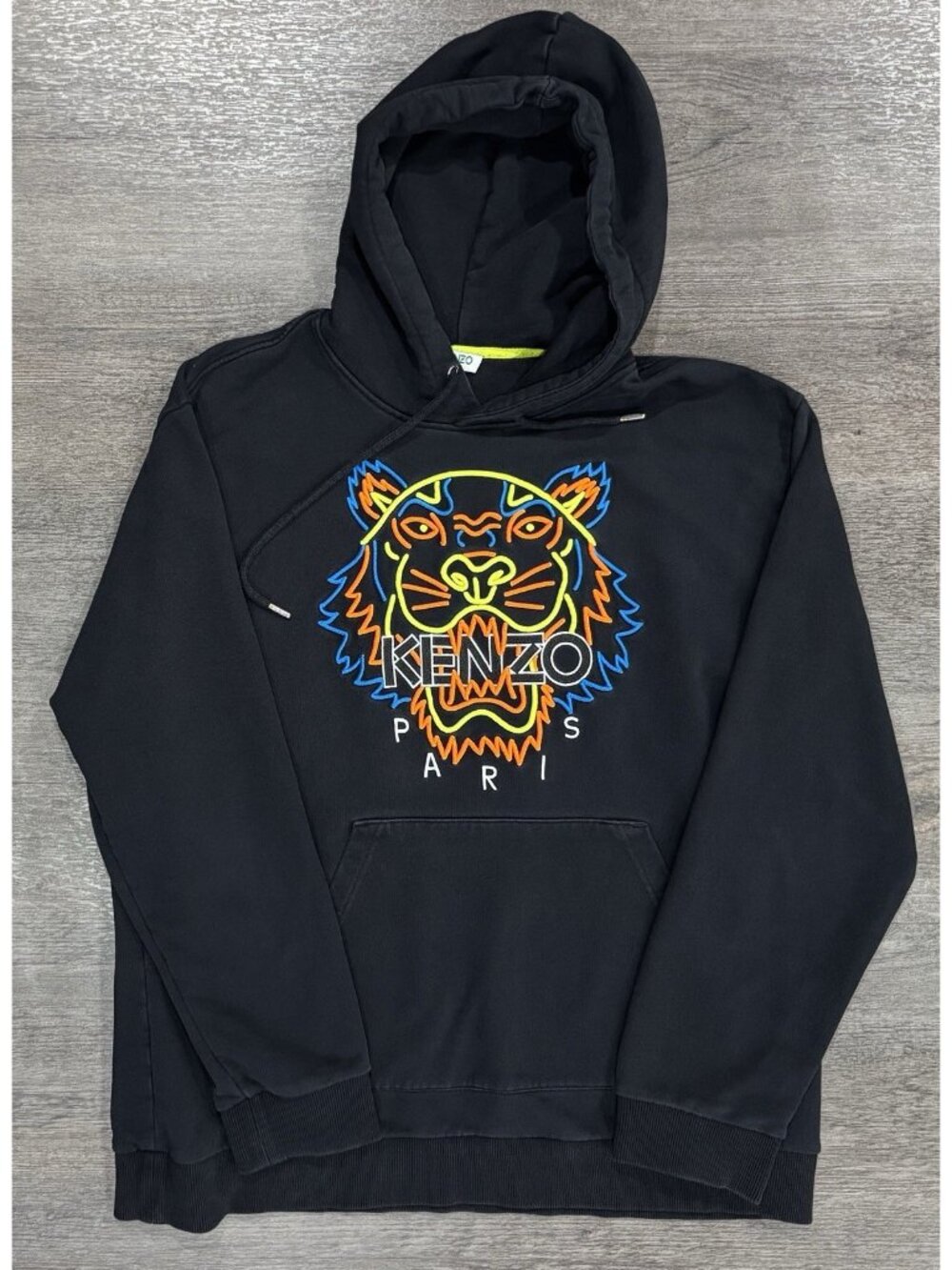 Kenzo Paris Hoodie Men’s Black Embroidered Neon Tiger Logo Pullover Size Large